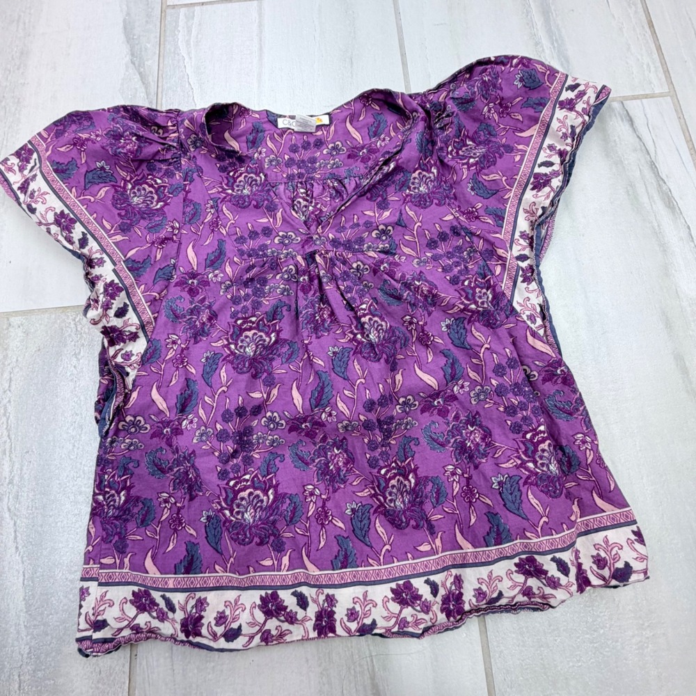 C&C California Purple Floral Cotton Blouse Split Neck Boho Top Small